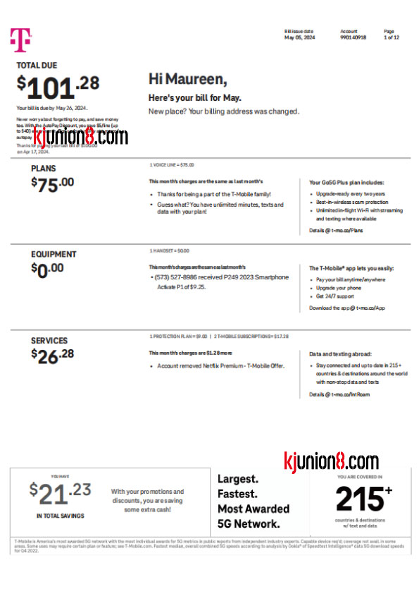 美国话费账单模板，用于亚马逊地址申诉证明