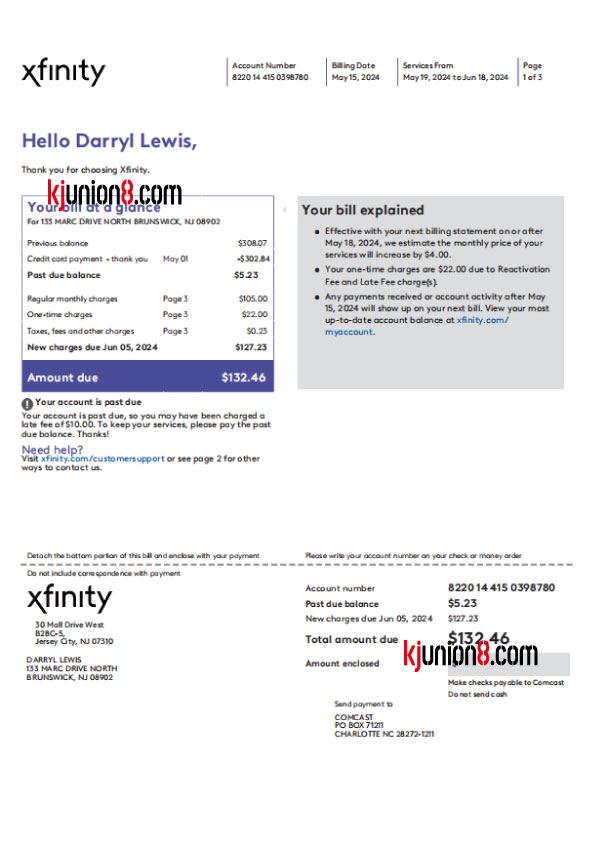 美国宽带帐单模板，用于亚马逊地址申诉证明