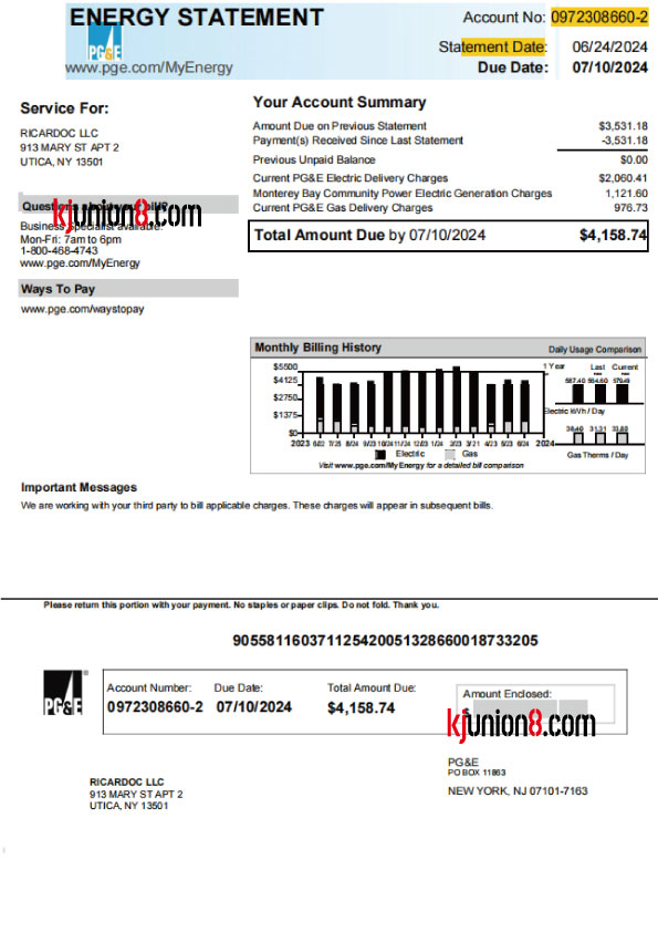 美国（太平洋天燃气和电力公司）账单