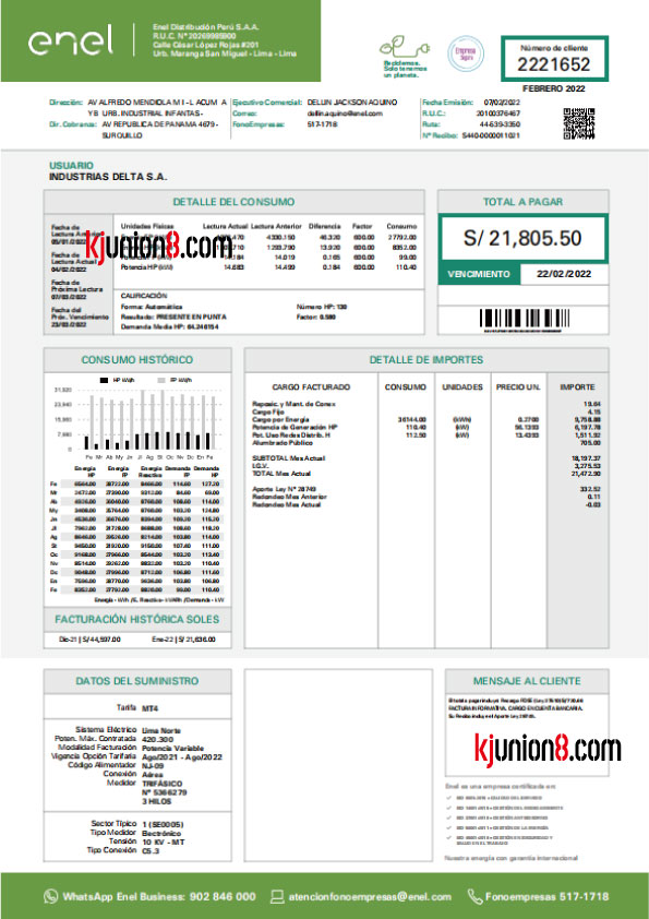 秘鲁工业用电账单模板，用于亚马逊地址申诉证明