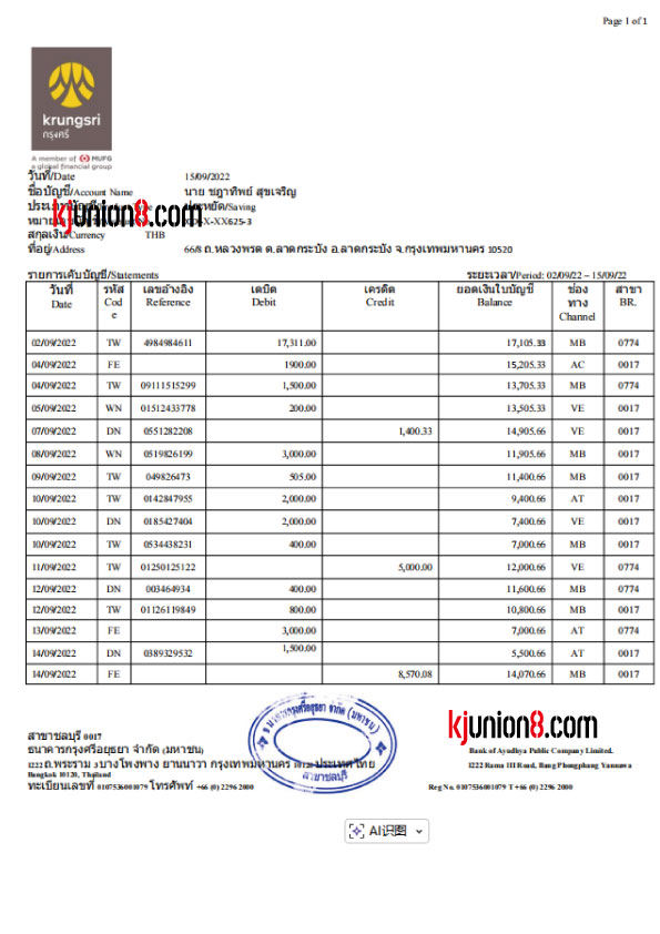 泰国大成银行储蓄账户对账单
