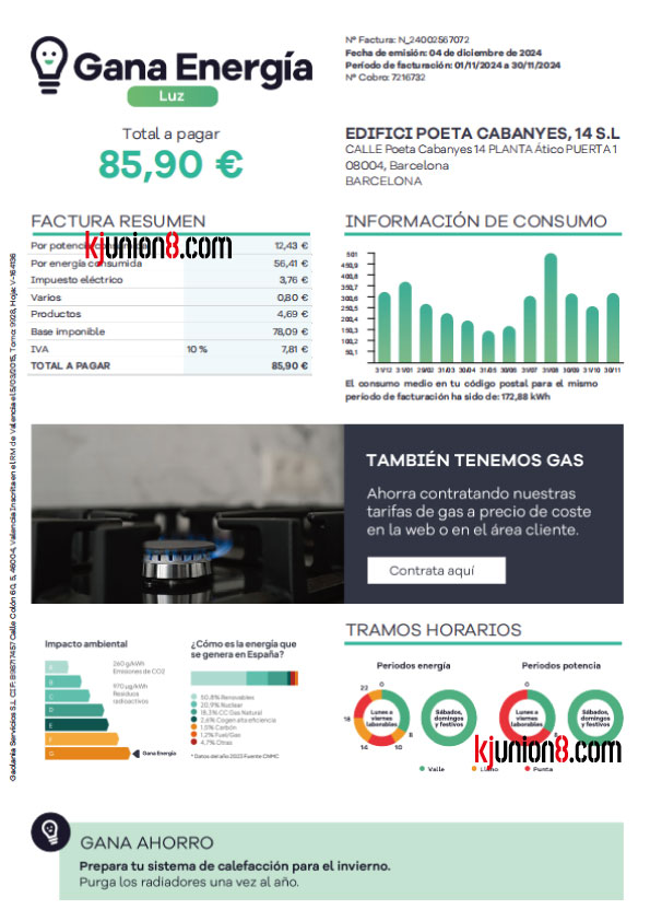 西班牙电费账单模板，可用于亚马逊地址申诉证明