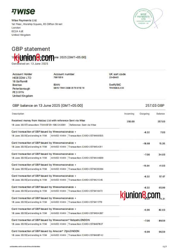 英镑账户对账单