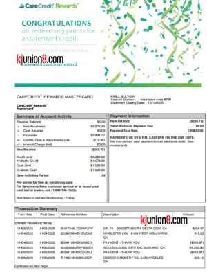 CareCredit Rewards Mastercard 信用卡账单（美国）