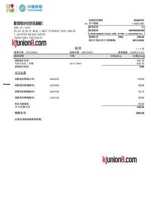 中国移动香港 移动电话账单（香港）